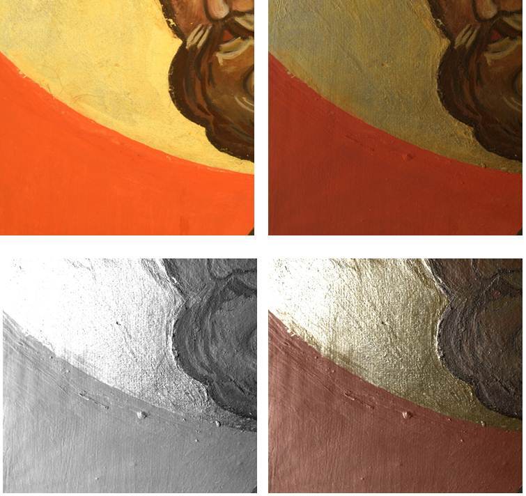 Figure 3: Icon, replica, detail of gold gilded area. Clockwise from top left, digital image, RTI visualization in default, and specular enhancement rendering mode.